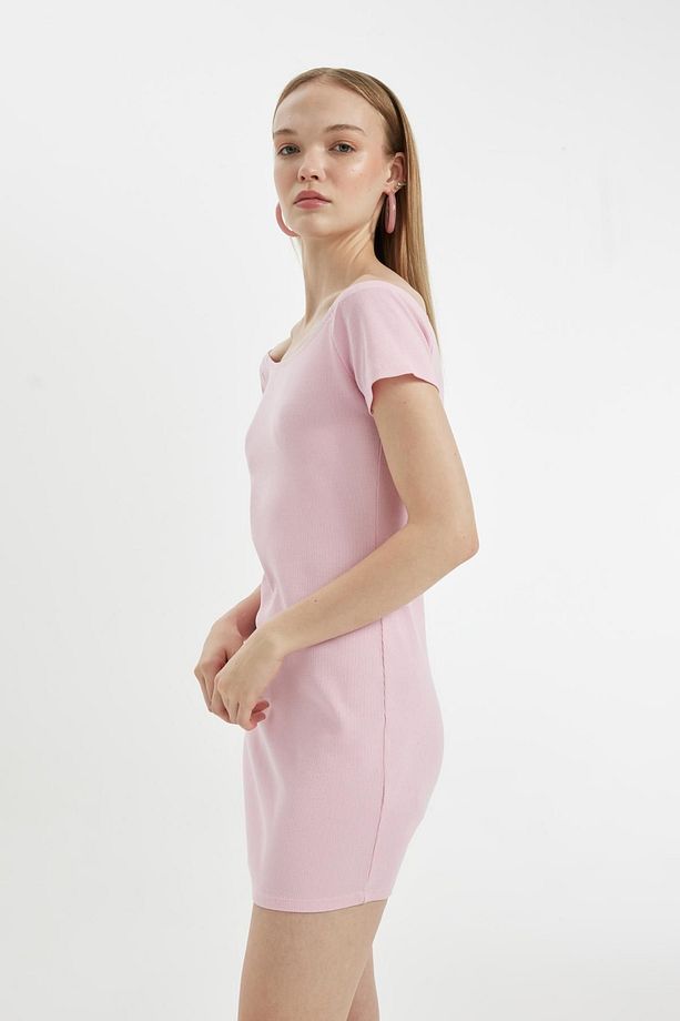 Coool Bodycon Vücuda Oturan Kayık Yaka Basic Düz Fitilli Kaşkorse Kısa Kollu Mini Elbise A7362AX24SM - 5