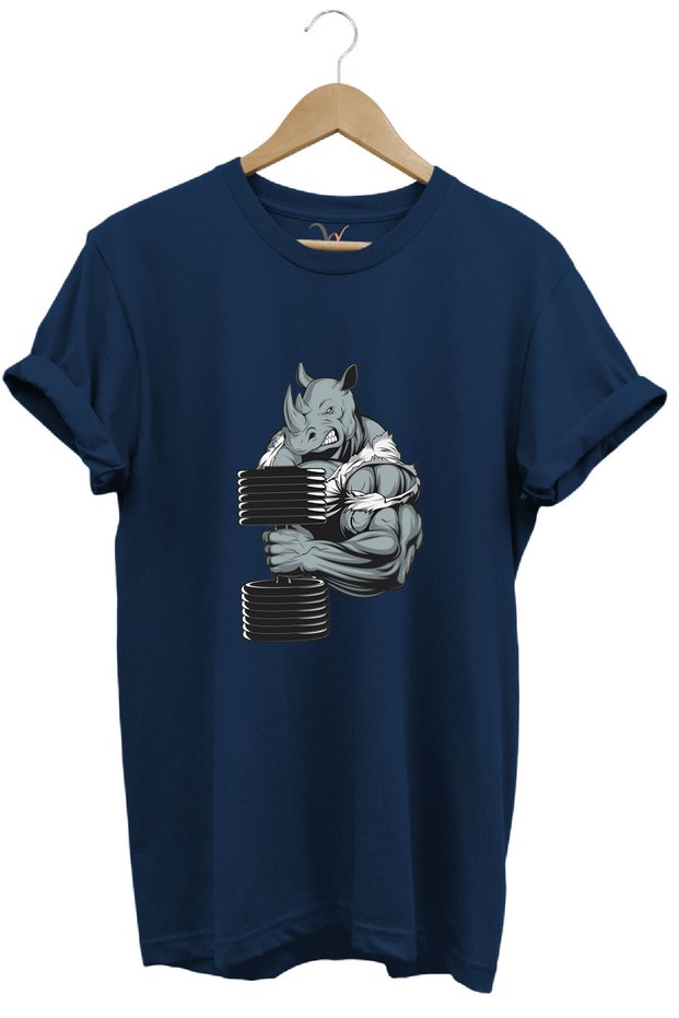 Gym Athlete Fitness Dumbbell Lifting Bull Regular Fit 100% Cotton Navy Blue T-Shirt