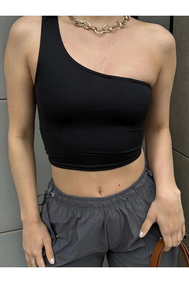 Tek Omuz Dekolteli Esnek Kumaş Crop / Bluz - 2