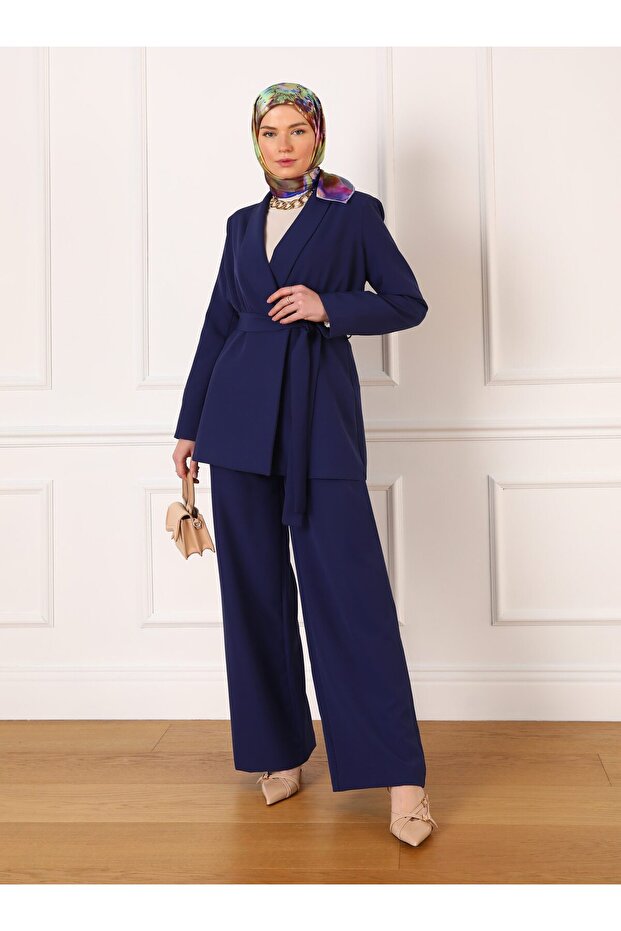 Refka Dark Blue Stylish Jacket - Belt Detailed