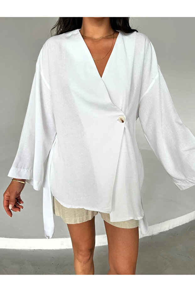 White Buttoned Belted Linen Kimono - 005