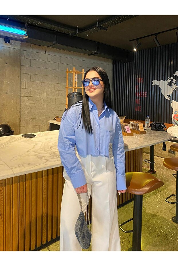 MAVİ CROP GÖMLEK - 1