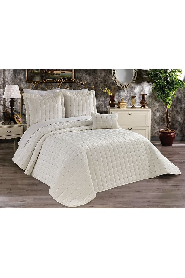 Çeyizlik Yatak Örtüsü ( Set 4 Parçası ) Kadıfe Kapitoneli Yüksek Kalite Set Çantada - 1