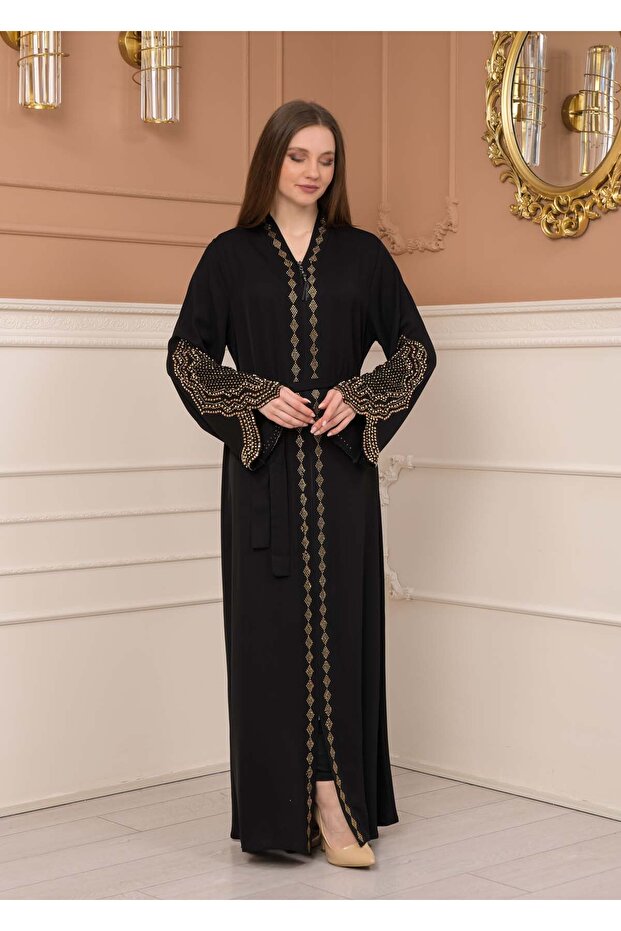Stone Detailed Arm and Belted Abaya Ferace - 683