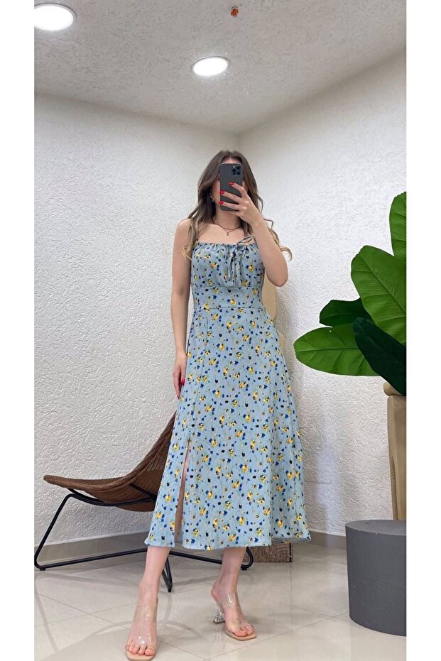 Çiçekli İp Asklı Drapeli Midi Elbise - 1