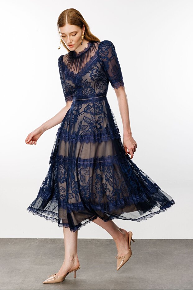 Lacivert Dantelli Elbise - 3