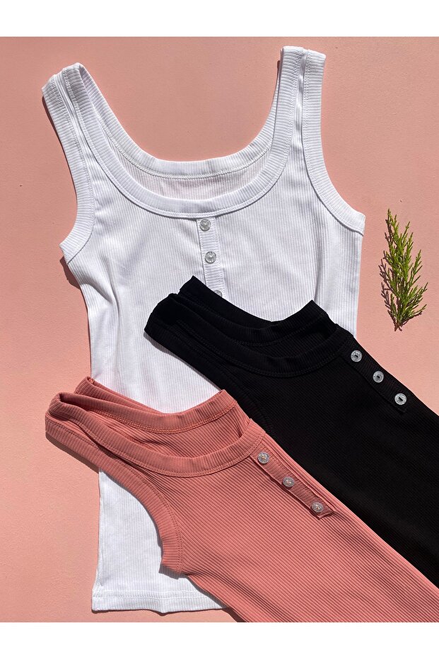 Women's Ribbed Cotton Fabric Thick Strap Basic Undershirt with Button Detail, 3-Piece Set in Black, White, and Dusty Rose Colors