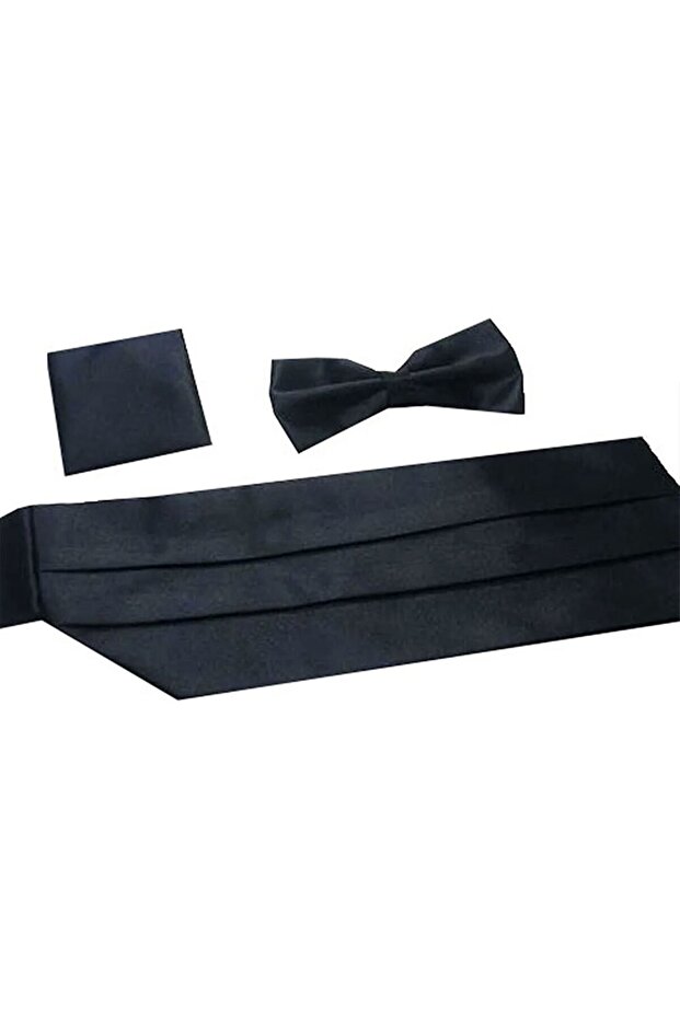 Black Color Satin Groom Suit Girdle Bow Tie Handkerchief Set Tuxedo Belt