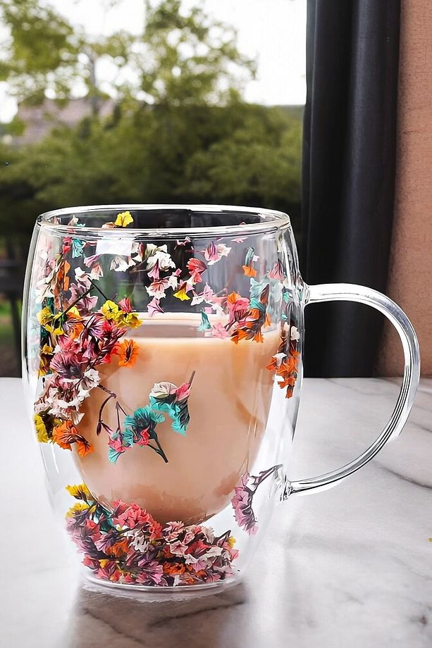 2'li Çift Cidarlı Çiçekli Bardak Kahve 350ml.çay Bardağı Isıya Dayanıklı Kulplu Cam Bardak Seti - 3