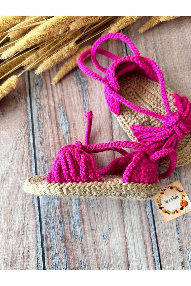 El Yapımı Örgü Pembe Kız Bebek Sandalet Patik - 4