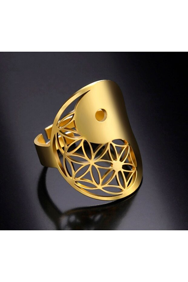 Adjustable Flower of Life Yin Yang Gold Ring