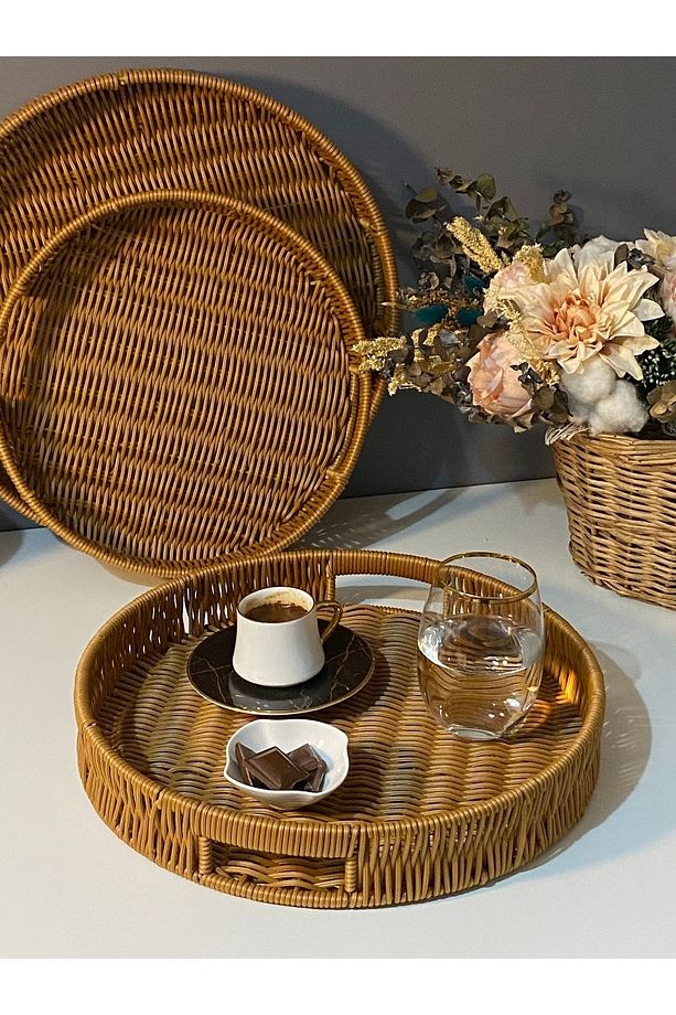 Hasır Yuvarlak Orta Boy Tepsi,rattan,hasır Görünüm,dekoratif Tepsi,sofra,mutfak,hasır - 1
