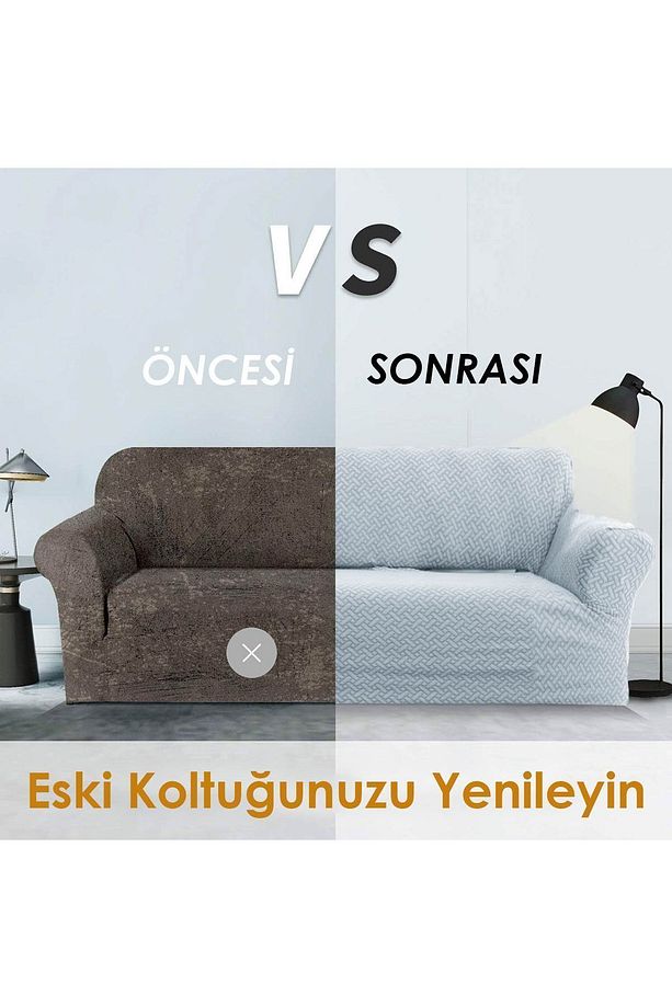 Streç Lastikli Jakarlı 3 3 1 1 Koltuk Örtüsü Takımı Kanepe  Çekyat Koltuk Kılıfı - 6