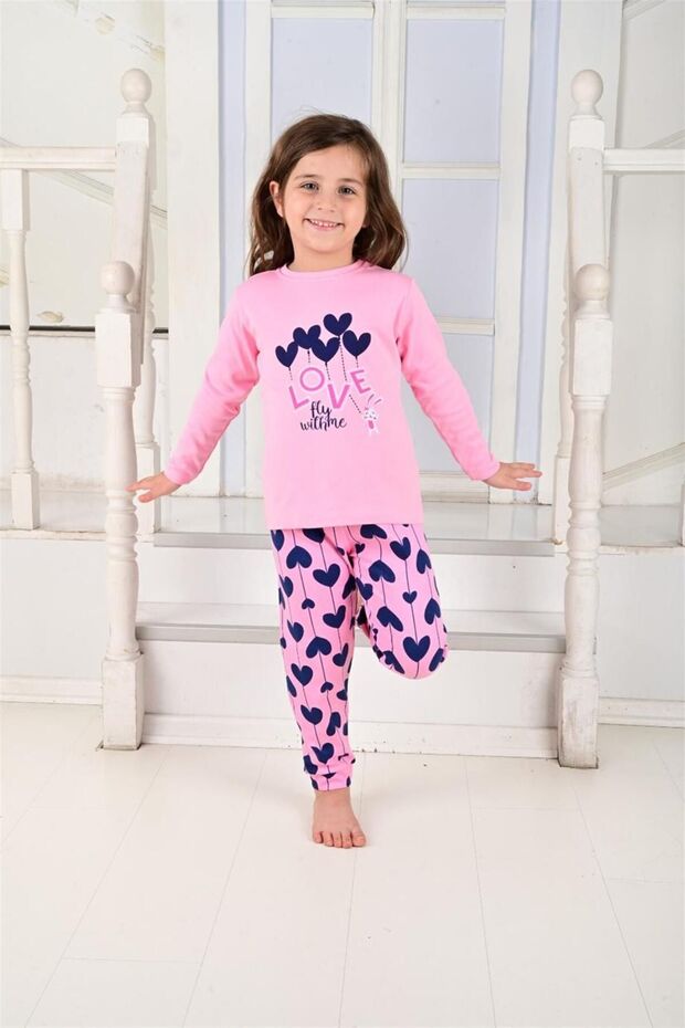 Girl's Long Sleeve Pajama Set Ballon Hearth Pink