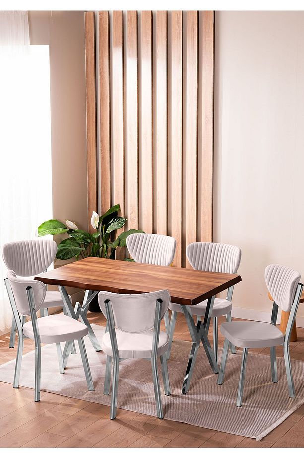 Kütük Desenli MDF Krom Elma Mutfak Masa Takımı 6 Sandalyeli Salon Yemek Masa Takımı - 1