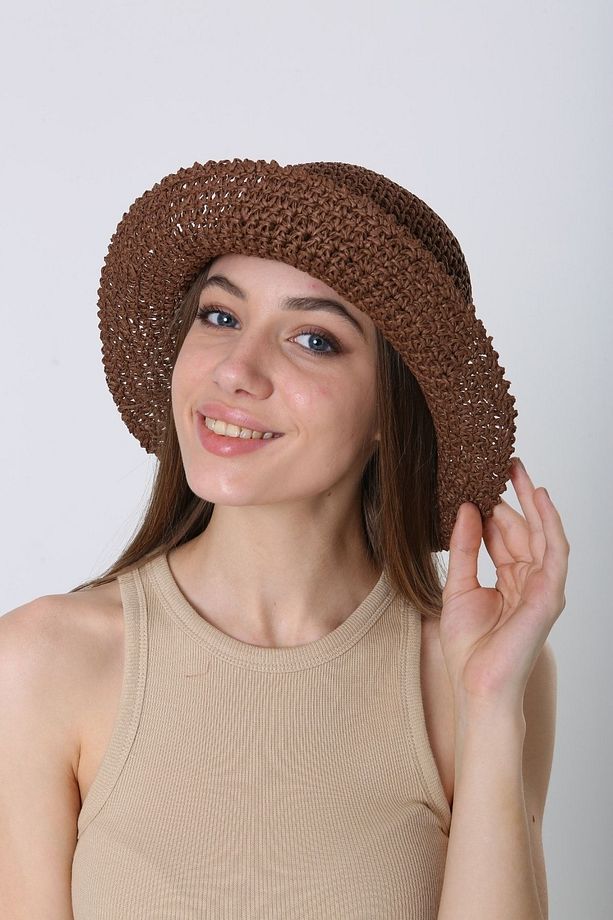Kahve Örgü Hasır Bucket Kadın Şapka - 8