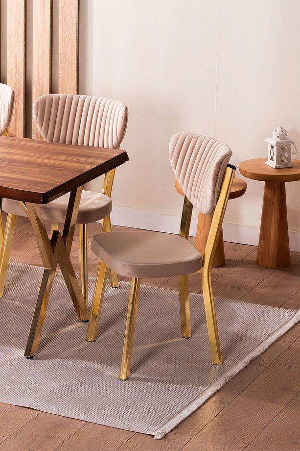 Kütük Desenli MDF Gold Elma Mutfak Masa Takımı 6 Sandalyeli Salon Yemek Masa Takımı - 6