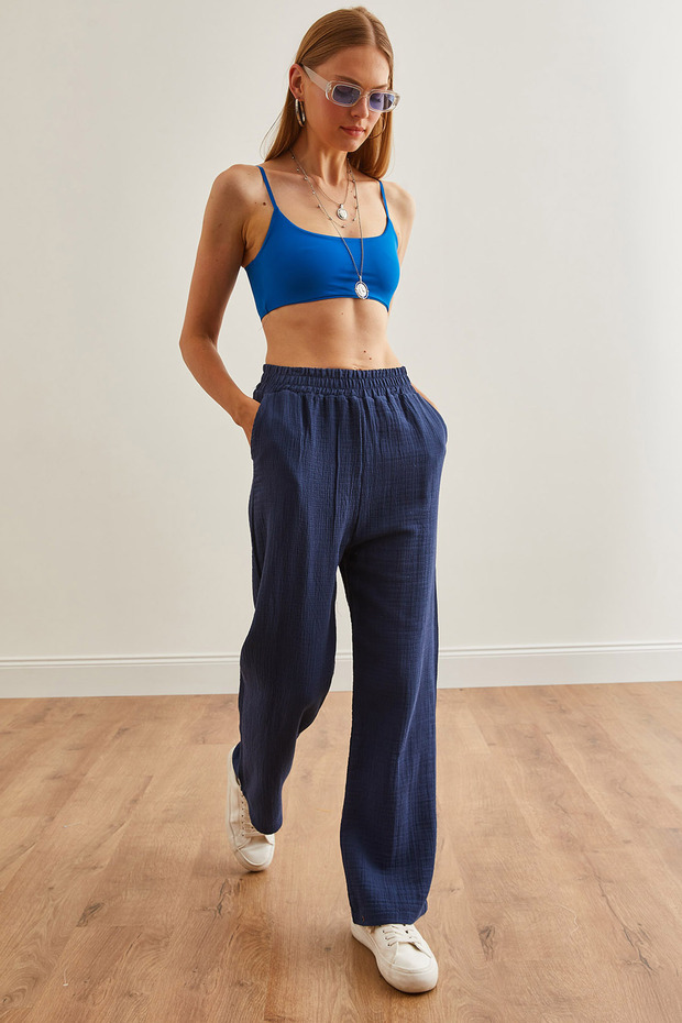 Women's Navy Blue Elastic Waist Muslin Trousers with Pockets Pnt-19000279