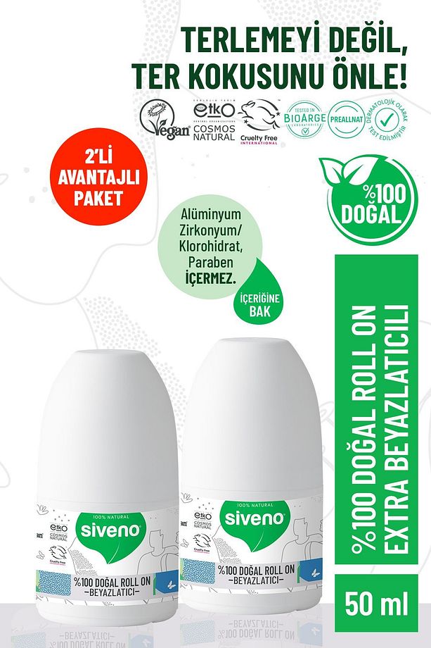%100 Doğal Roll-On Beyazlatıcı Etkili Deodorant Ter Kokusu Önleyici Bitkisel Lekesiz 50 ml X2 Adet - 1