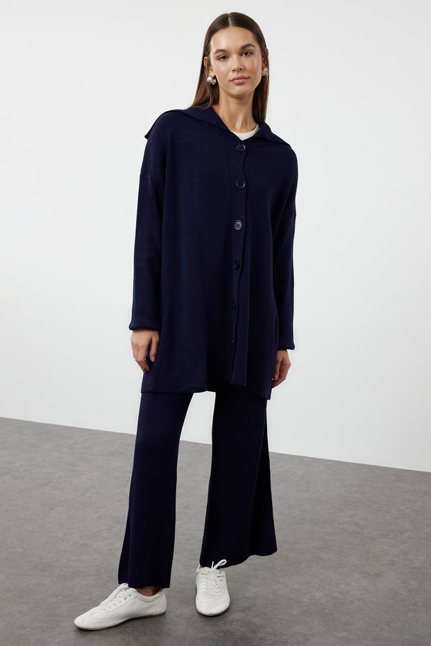 Navy Blue Collar Detailed Cardigan-Pants Knitwear Set Tctaw23Us00100