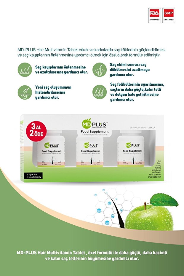 Hair Multivitamin 60 Tablet 3'lü Avantaj Paket Biotin Saw Palmetto Ginseng İçerikli - 2