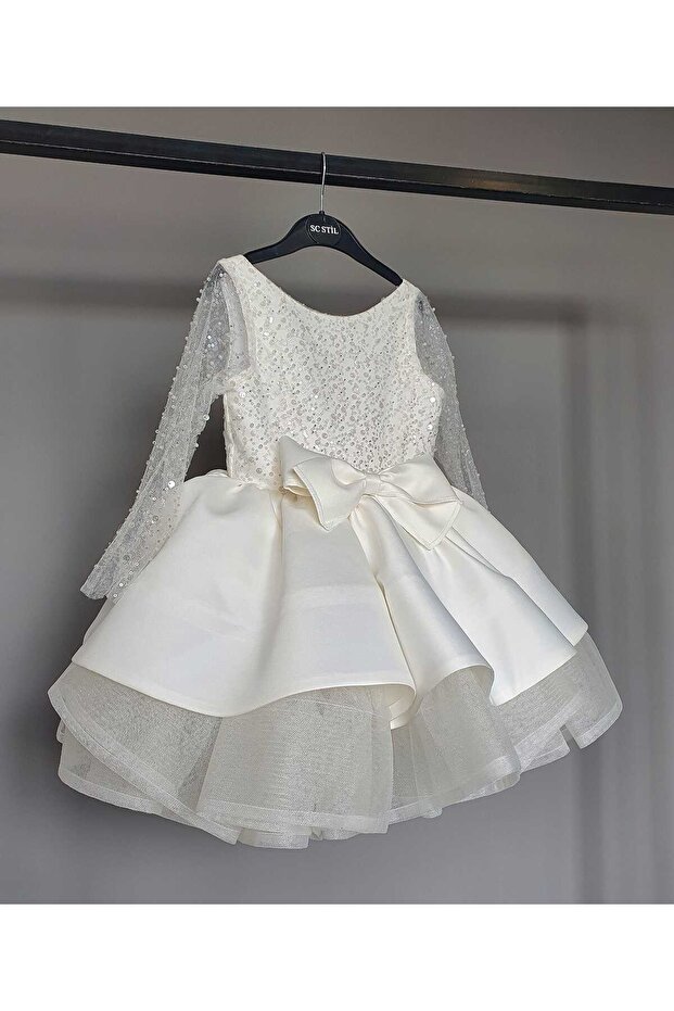 White Long Sleeve Beaded Green Dress