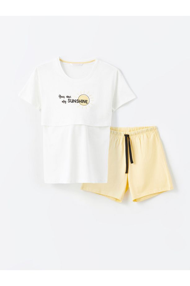 Bisiklet Yaka Baskılı Kısa Kollu Hamile Şortlu Pijama Takımı - 5