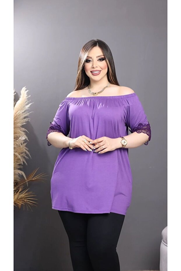 بلوزة مودونا نسائية مقاس كبير ذات ياقة مطاطية باللون الأرجواني