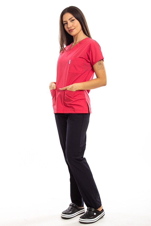Surgical Doctor Nurse Uniform Pomegranate Flower Top Navy Blue Bottom Set