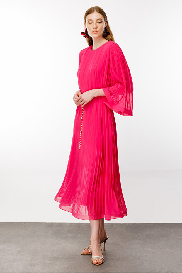 Piliseli Grenli Zincir Kemerli Elbise - 3