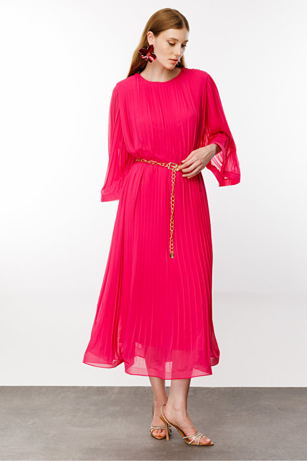 Piliseli Grenli Zincir Kemerli Elbise - 5