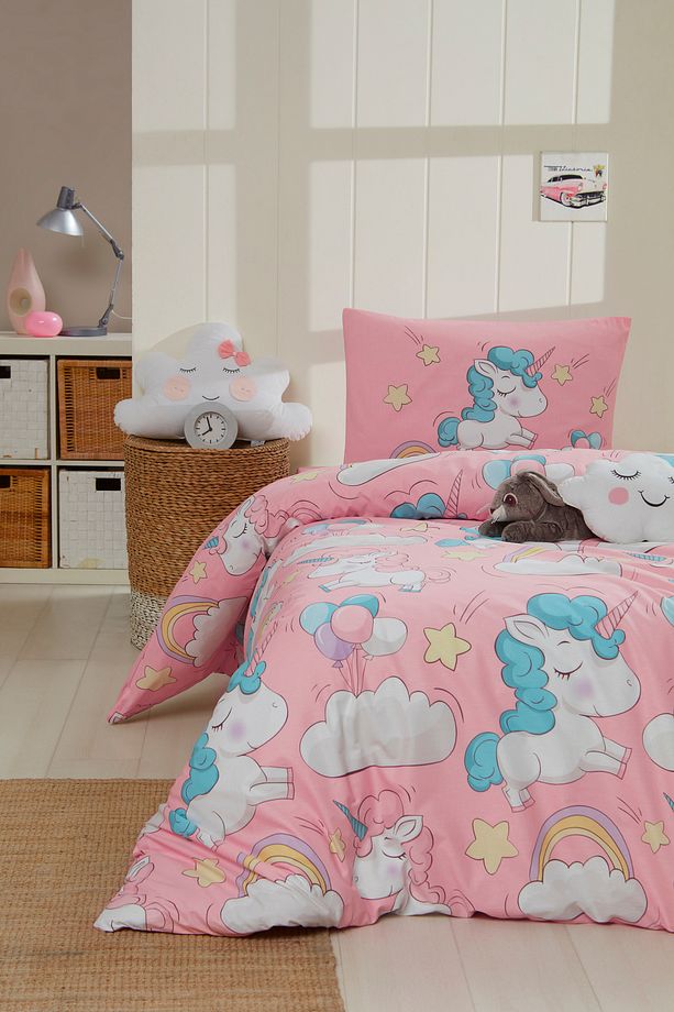 Kolay Ütülenir Nevresim Takımı Tek Kişilik Unicornio Pembe - 1
