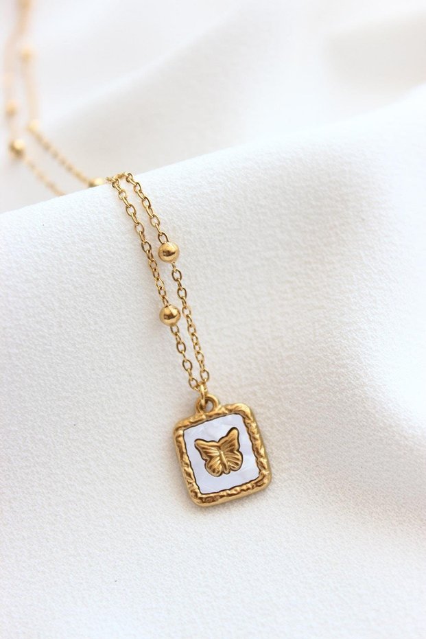 Stainless 316L Steel Necklace - Mother of Pearl Butterfly Medallion - Non-Tarnish Necklace