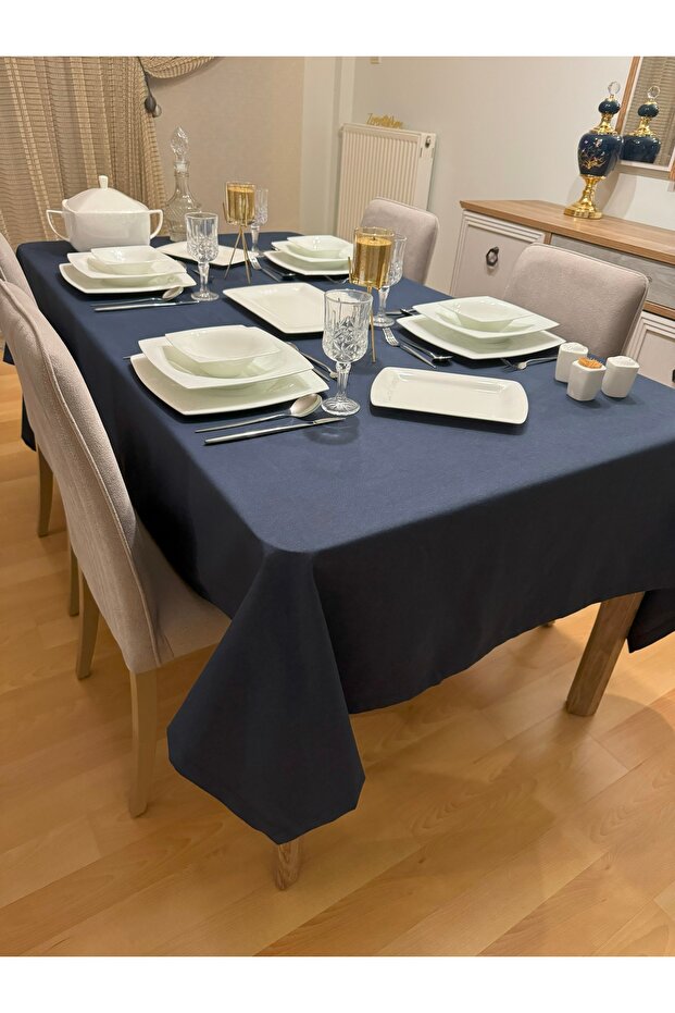 Navy Blue Cotton Linen Tablecloth - Liquid Resistant, Care Free