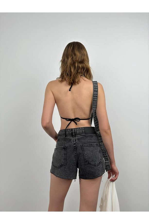 Kadın Yüksek Bel Lazer Kesim Önü Yırtık Detaylı Kot Şort Jean Denim Şort - 8