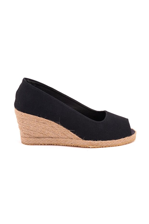 Authentic Handmade Open Toe Wedge Heel Black Linen Woven Shoes