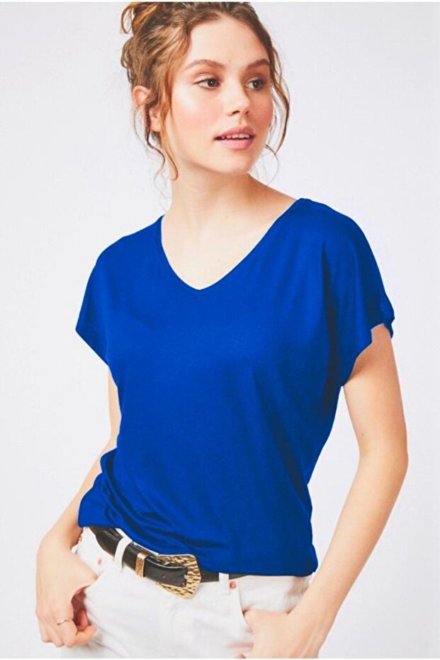 Γυναικείο μπλουζάκι Saks Blue V-Neck Basic - 1