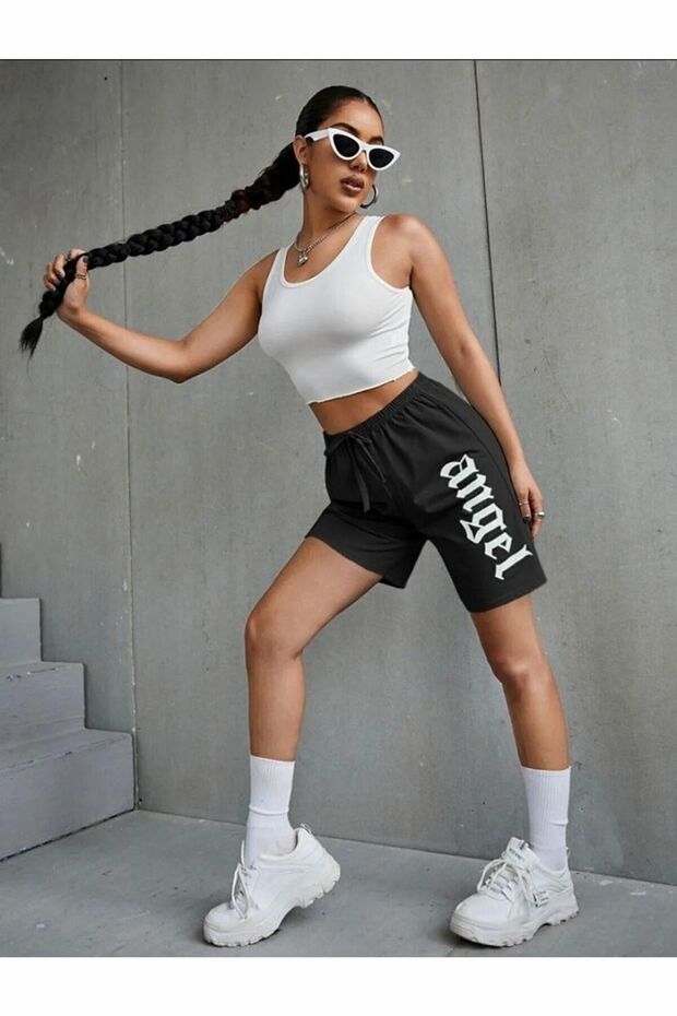 Unisex Black Gray Combed Cotton Loose Fit Casual Shorts-Comfortable Cut Loose Shorts Women's Printed High Waist Knitted with Pockets