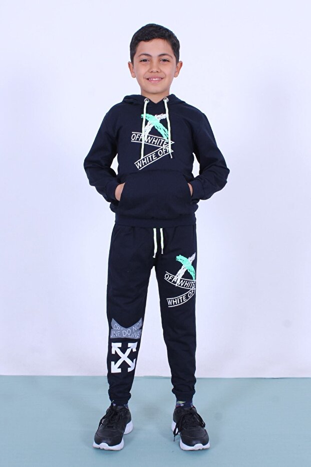 X Printed Kangaroo Pocket Hooded Boy's Bottom-Top Tracksuit Set