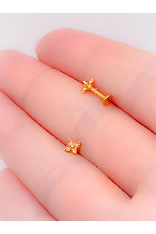 Cerrahi Çelik Piercing Dört Taşlı Çiçek Figürlü Kıkırdak Helix Tragus Piercing(1adet) - 2
