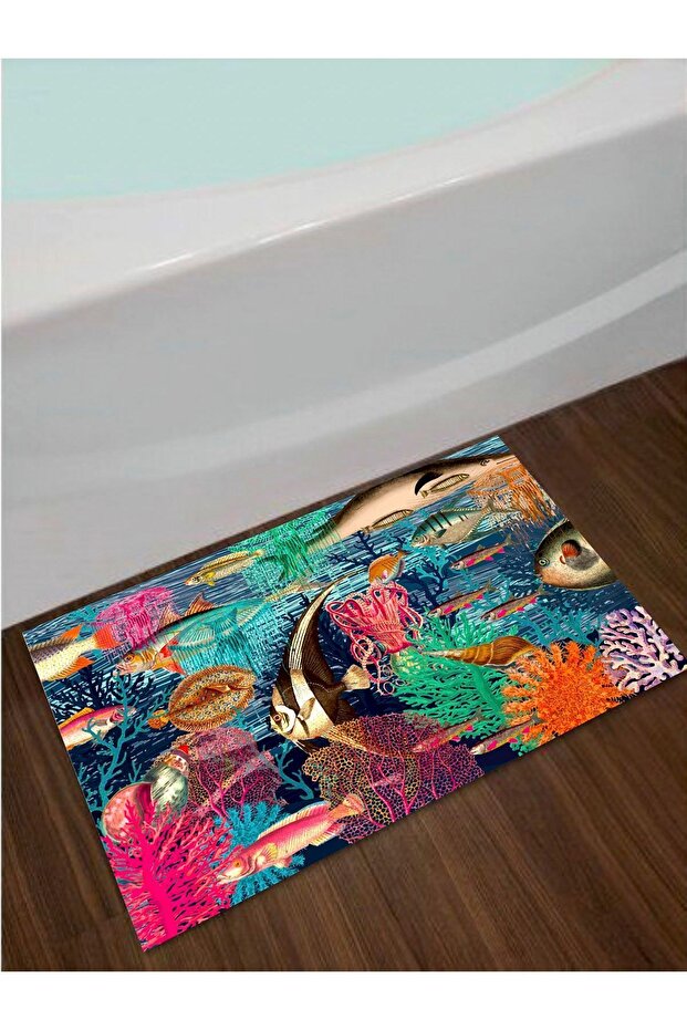 Sea Creatures, 40 Cm X 60 Cm Non-Slip, Cotton Woven Base Bath Mat