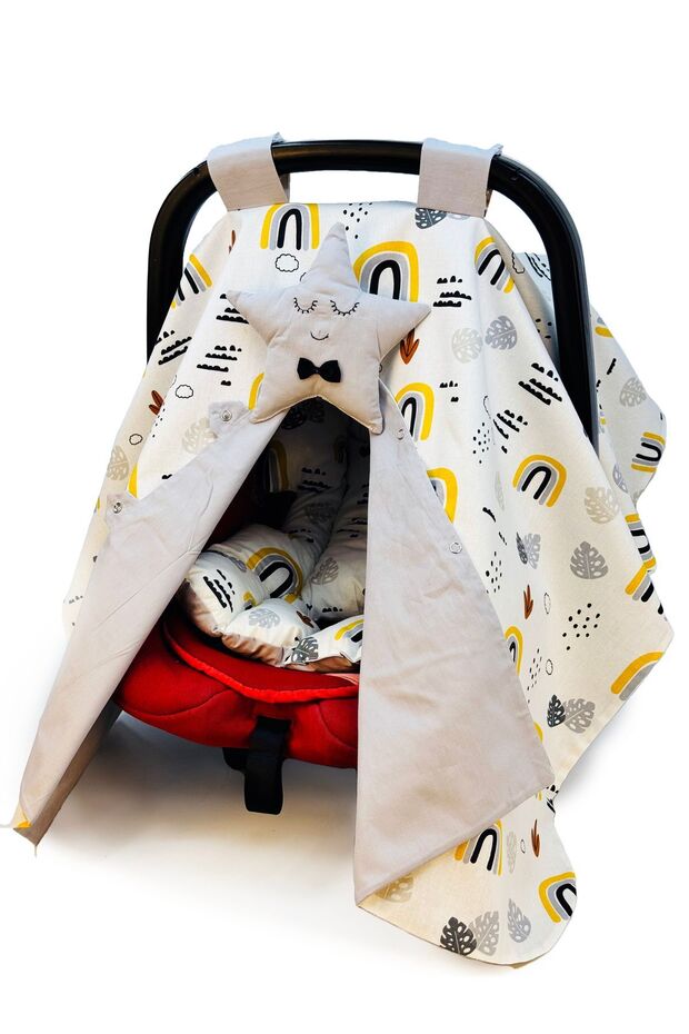 Organic Cotton Stroller Cover and Cushion with Smiling Face and Stars, 2 Pieces