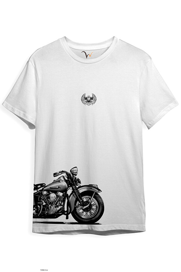 Chopper Motorcycle Side Detail Printed 100% Cotton White T-Shirt