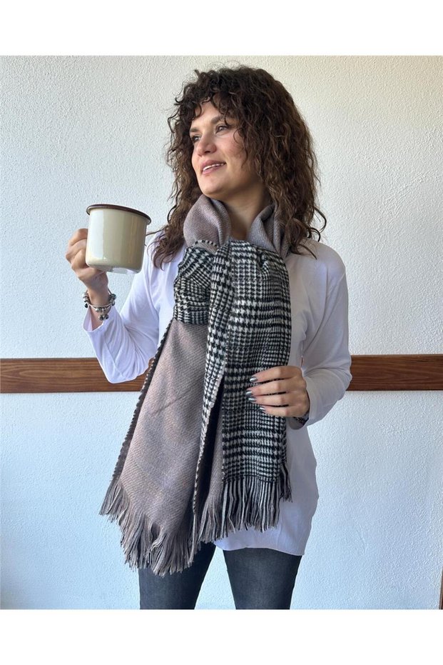 Plaid Dark Camel Feather Shawl Std