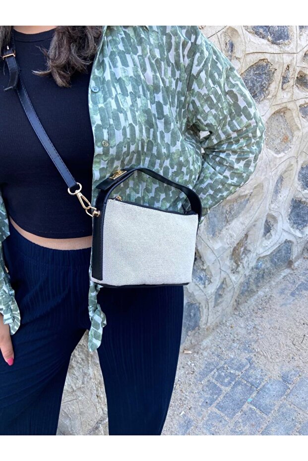 Women's Black Handbag and Shoulder Bag with Linen Leather Strappy and Gold Lock Accessory