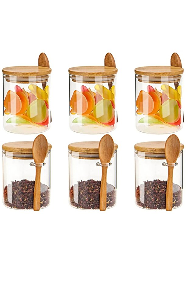 Spice Set with Borosilicate Glass Bamboo Lid and Bamboo Spoon 6 Pieces 450 ml