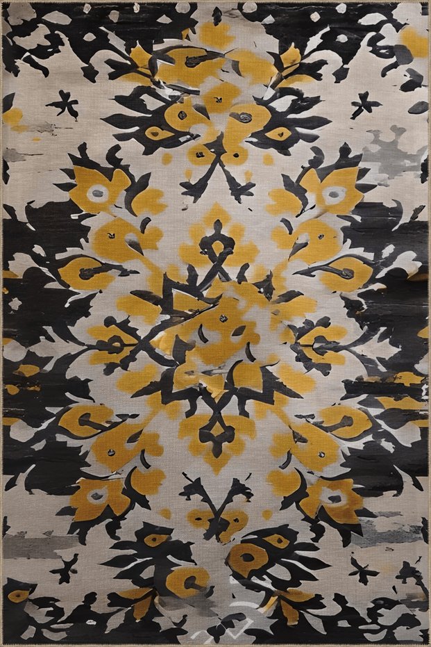 Yellow Black Themed Mixed Floral Patterned Creative Modern Decorative Rug 5148