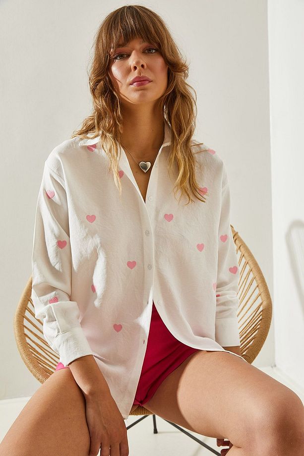 Kadın Nakış Kalp İşlemeli Oversize Gömlek 60251090 - 4
