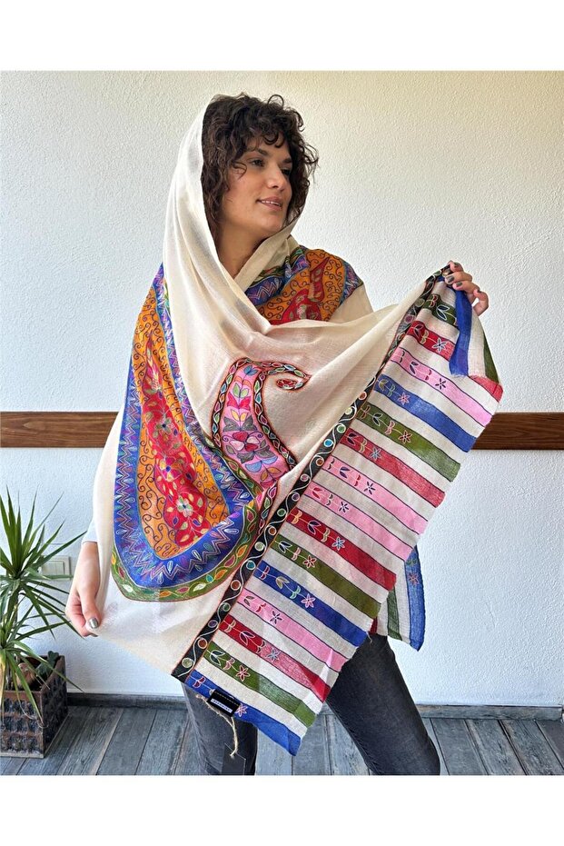 Crochet Cream and Navy Blue Pashmina Shawl 70x190cm