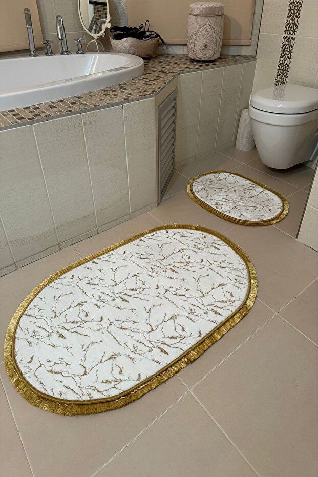 Glitter Bamboo Non-Slip Leather Base Dust Stain Resistant Set of 2 Toilet Bowl Bath Mat Set Oval